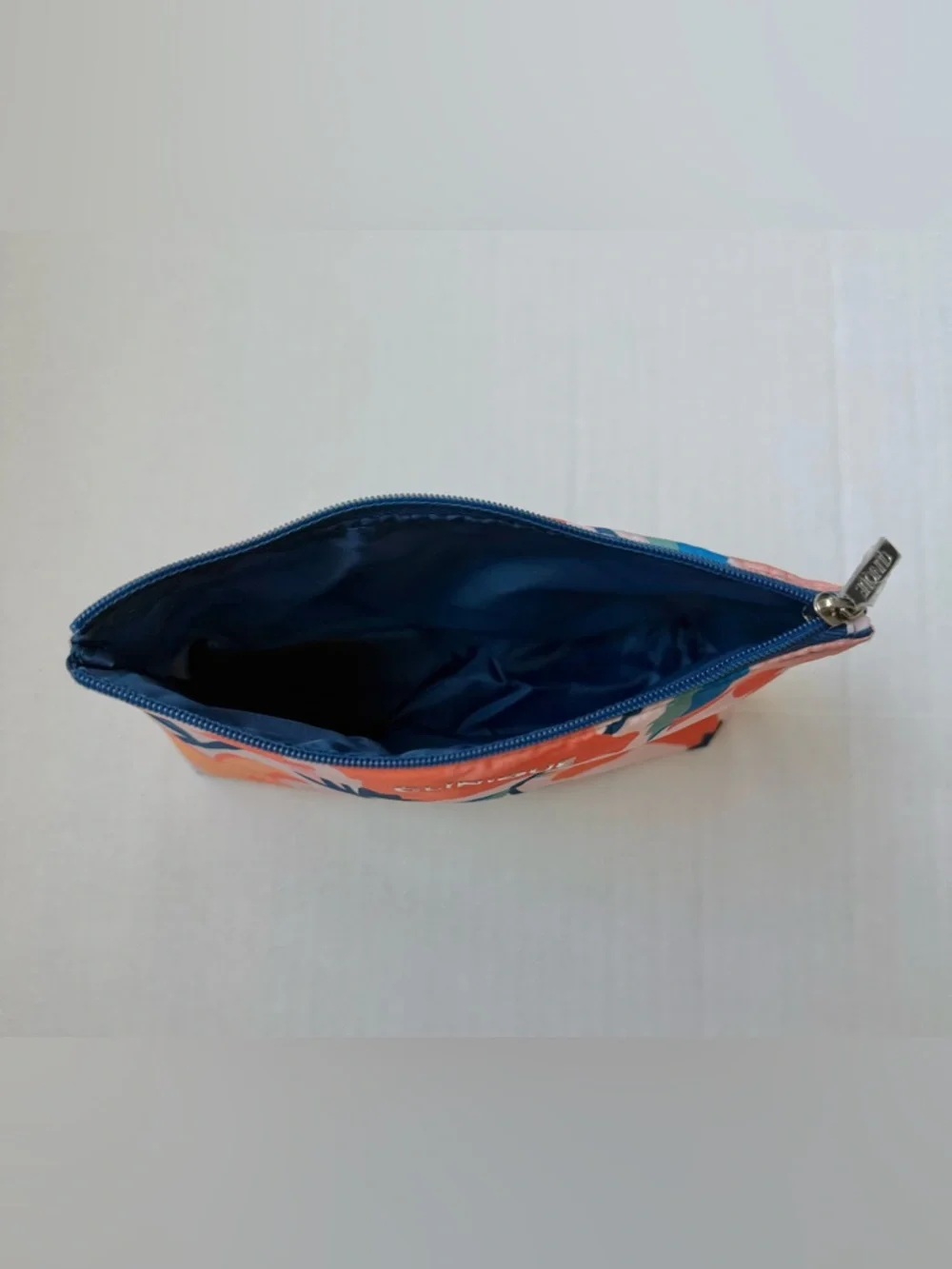 Clinique Zip Top Cosmetic Bag Floral Orange Pink Blue Print